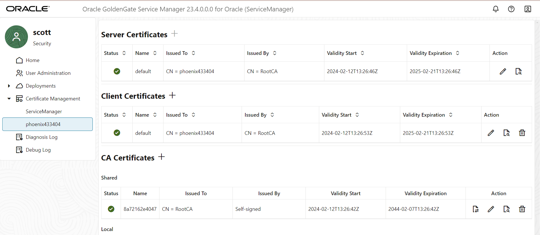 Access certificate details by clicking the Details icon for the certificate.