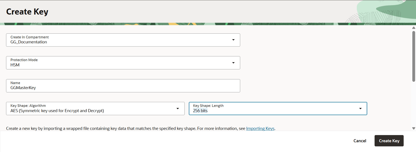 Creating the master key using the Create Master Key page.