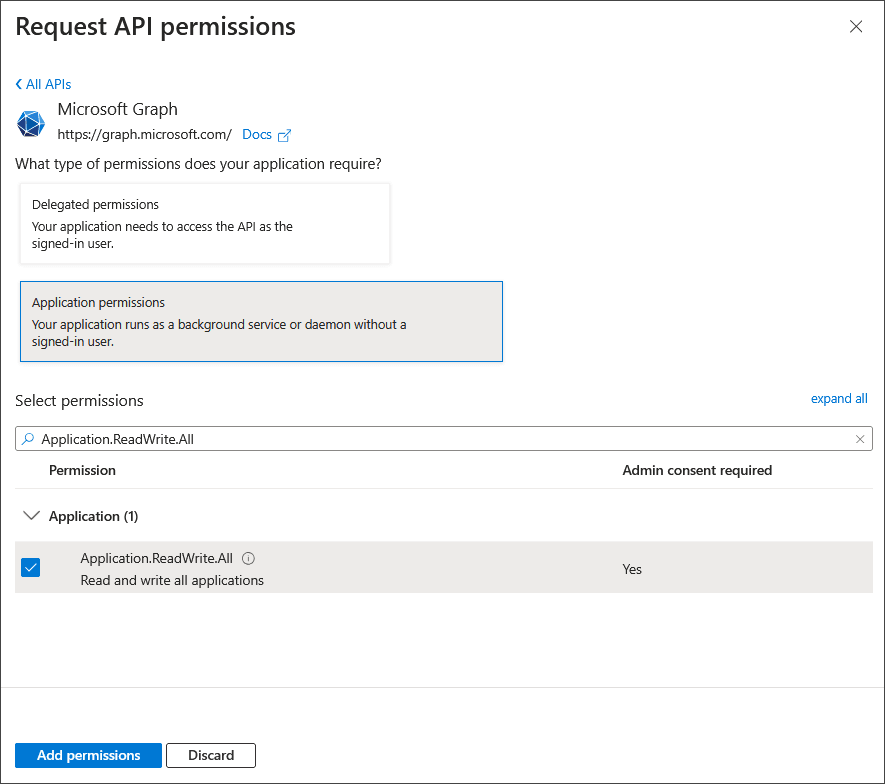 Adding the Application.ReadWrite.All permissions.