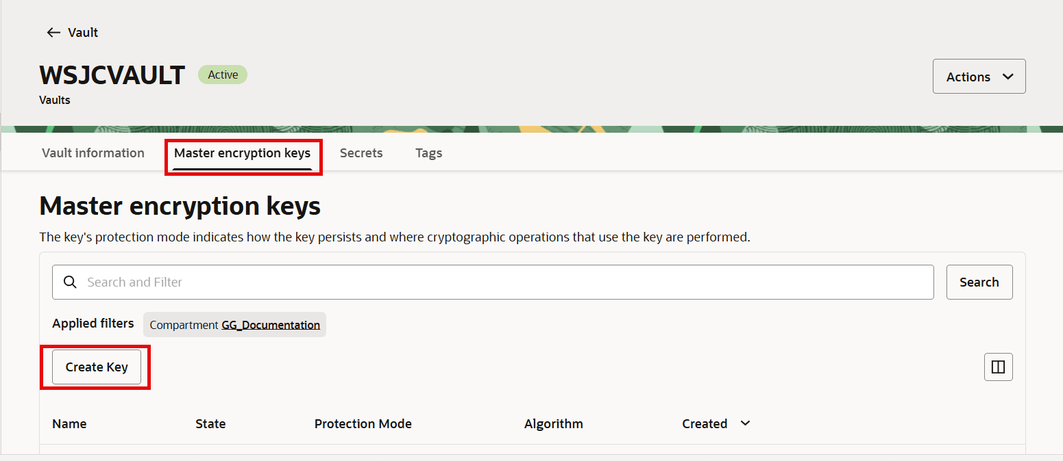 Master encryption keys tab in the Vault Information page