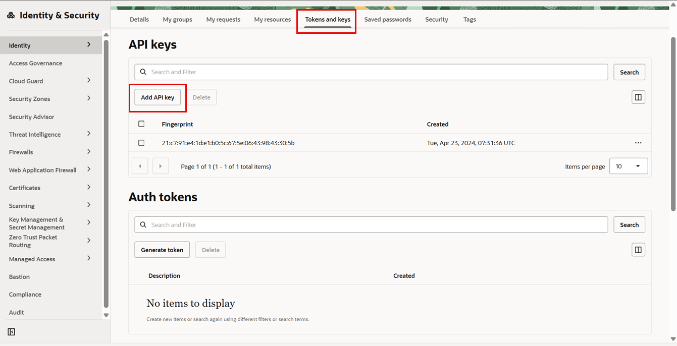 User Settings page with the API Keys section to apply existing key or generate an API key pair.