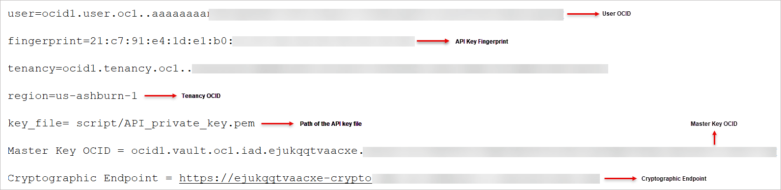 Notepad file containing the values required for creating the encryption profile in Oracle GoldenGate