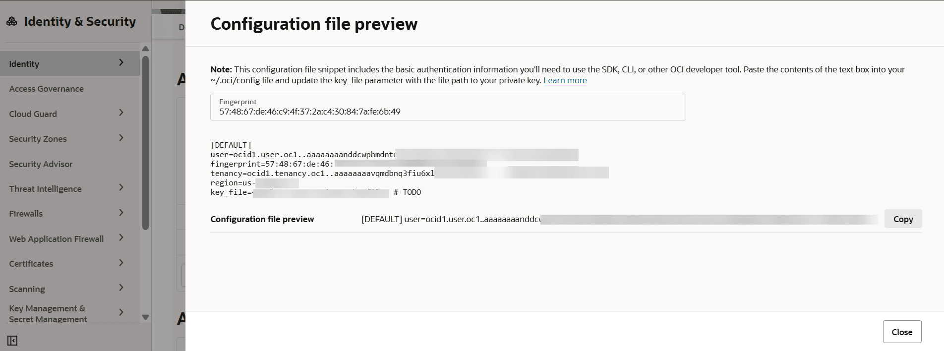 API Key Configuration Profile Preview Dialog box