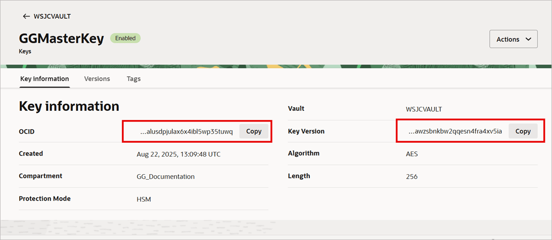 Master Key OCID value displayed in the OCI console's key details page.