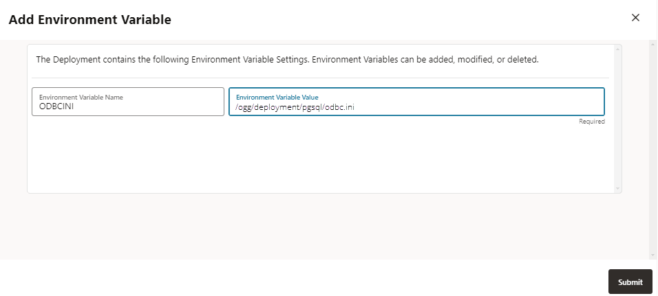 Add Environment Variable dialog box for setting the odbc.ini environment variable for PostgreSQL. Add Environment Variable dialog box for setting the odbc.ini environment variable for PostgreSQL.