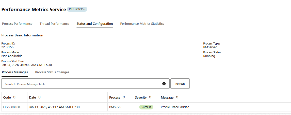 Performance Metrics Service Status and Configuration tab Performance Metrics Service Status and Configuration tab