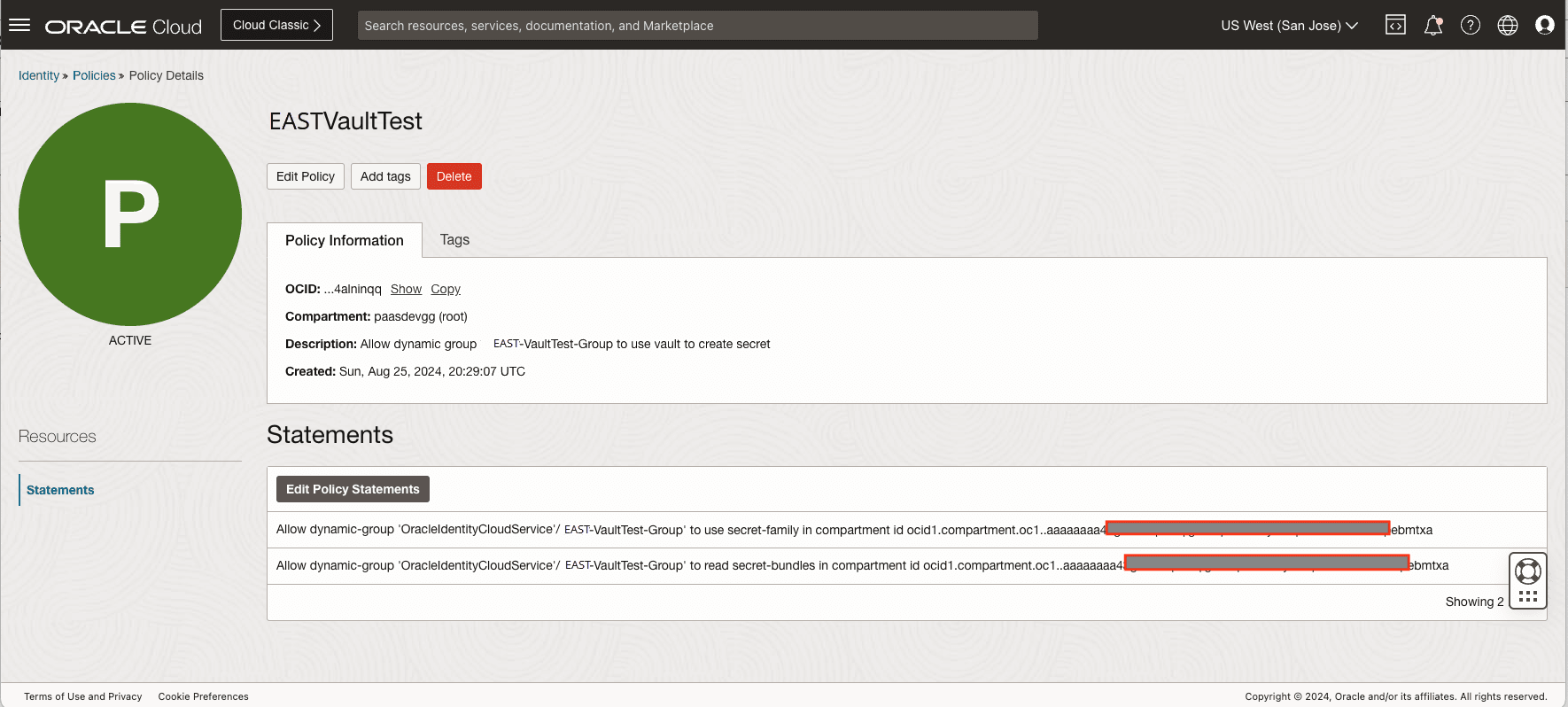 Policy for accessing the Secret Password from OCI Vault