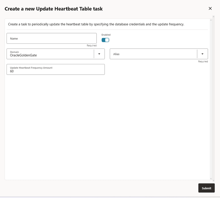 Create a new Update Heartbeat Task dialog box with options to choose database credential alias, domain, and specify a frequency interval for performing the automatic update of the heartbeat table.
