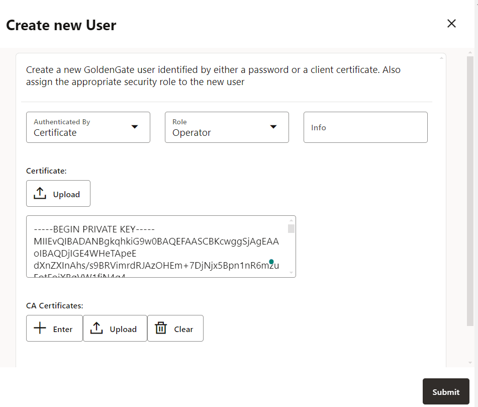 Create user with Operator role and authentication type as Certificate. Create user with Operator role and authentication type as Certificate.
