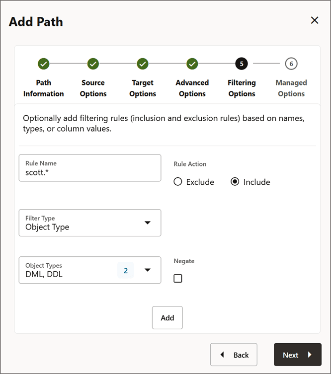 Specify the filtering rules to select names, columns, or values to be replicated to the specified target URI. Specify the filtering rules to select names, columns, or values to be replicated to the specified target URI.