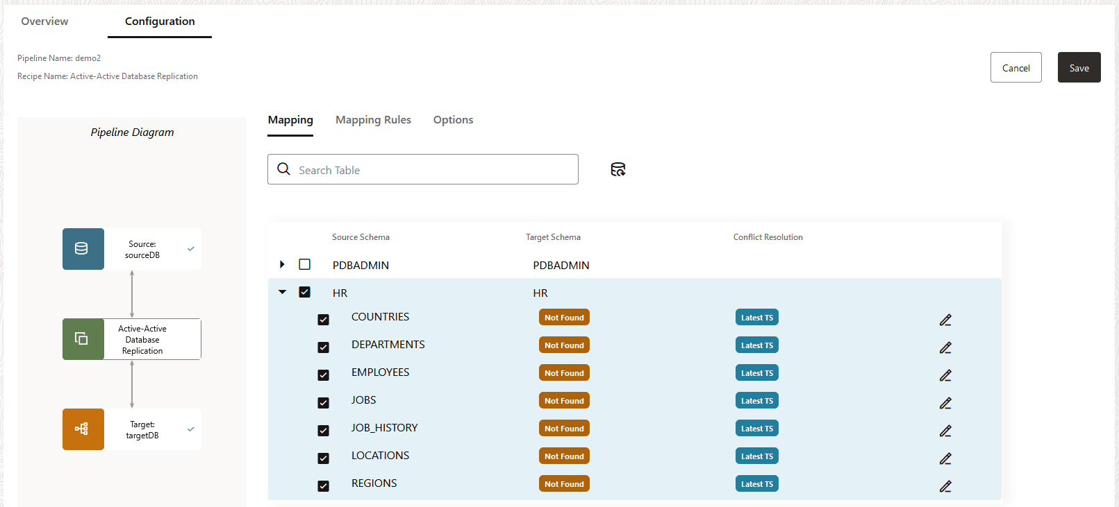 The mapping screen of a Pipeline Configuration.