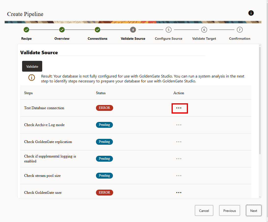 Validation errors when connecting to the source database.