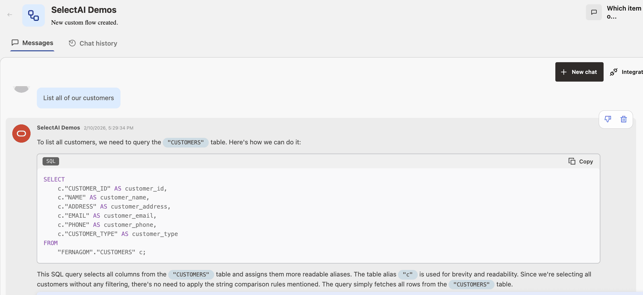 Select AI ExplainSQL Action Output Select AI ExplainSQL Action