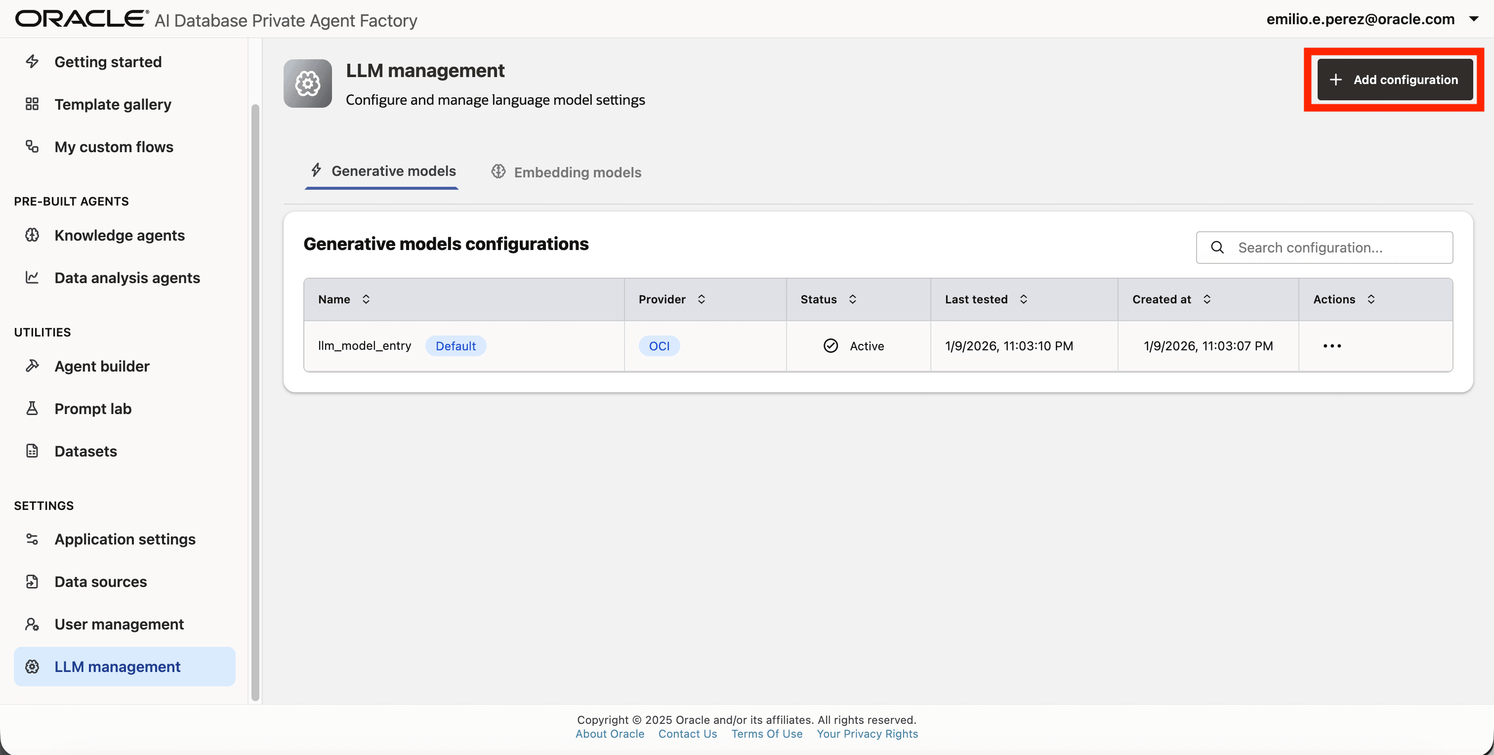 Click on LLM Management Select Add Configuration