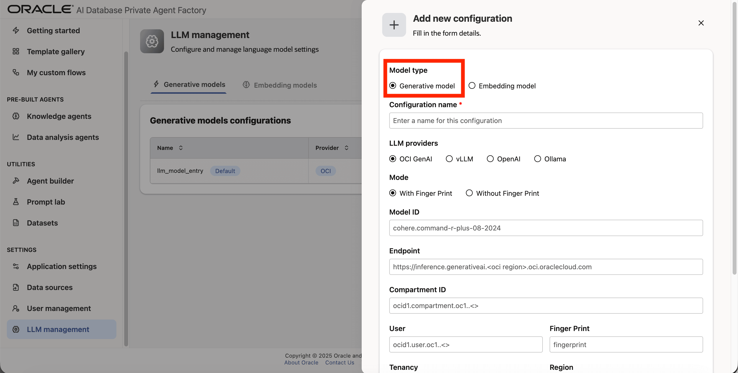 Click on LLM Management Choose Generative Model