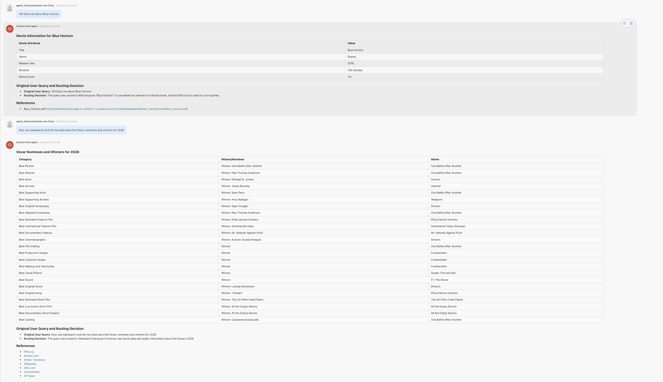 Movie Facts Router Workflow Output Movie Facts Router Workflow Output