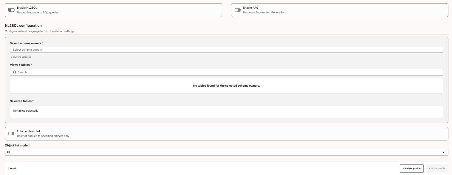 Create Profile - Enable NL2SQL Configure NL2SQL