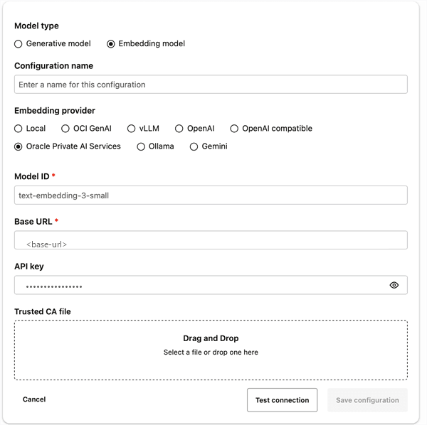 Save configuration Private AI Services as the Embedding Model