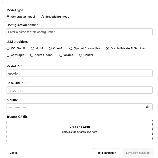 Save configuration Private AI Services as the Generative Model