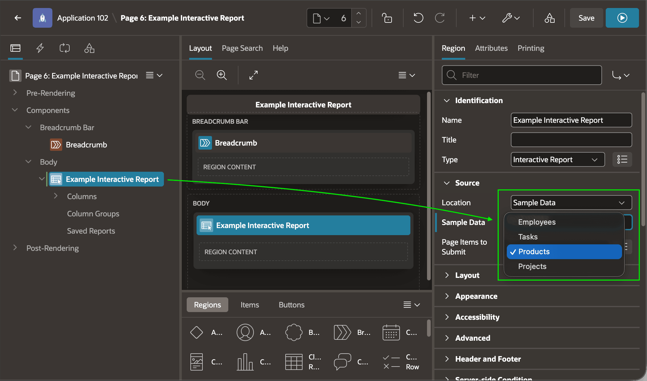 In Page Designer, you can select the type of built-in sample data you prefer to work with.