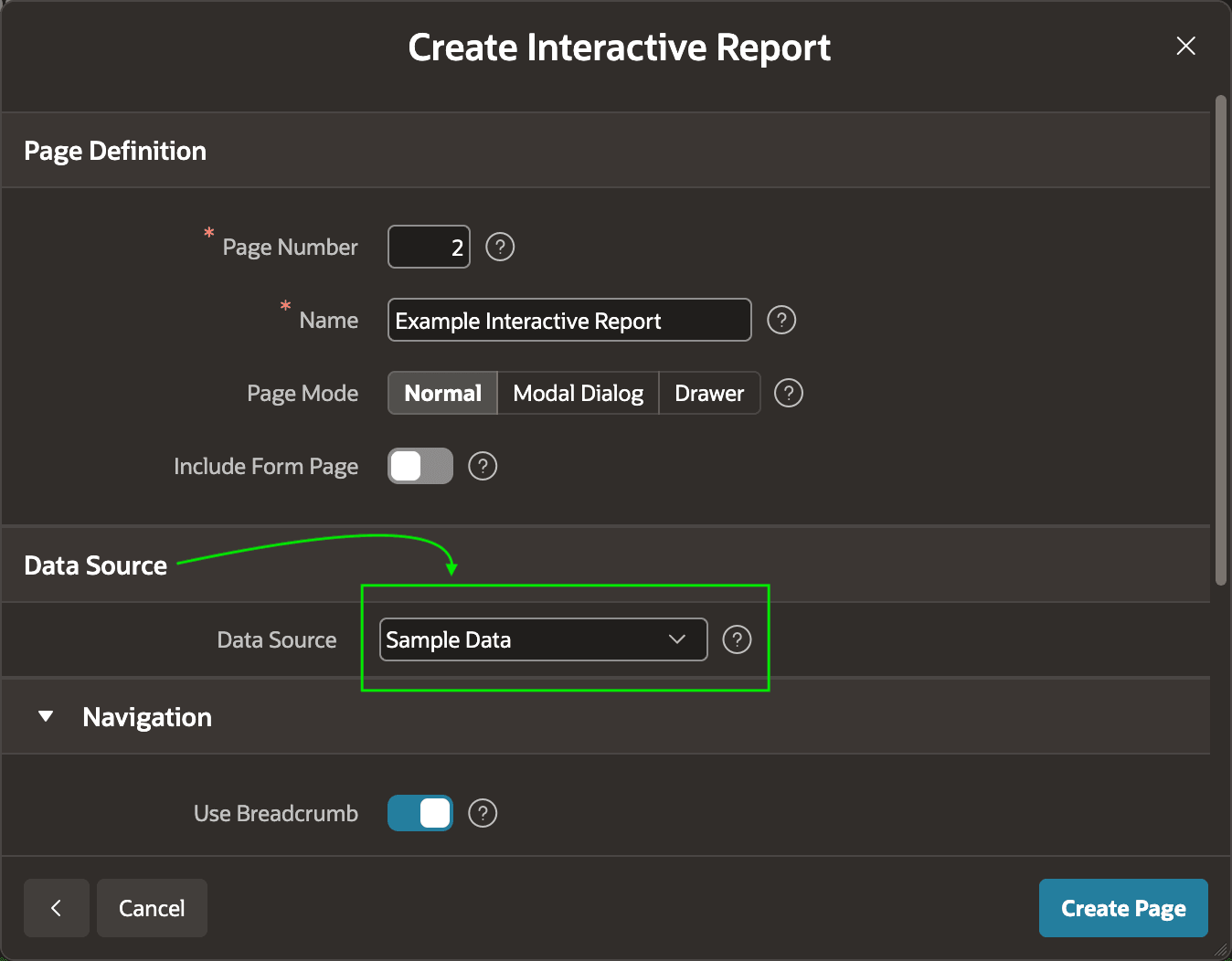 Sample Data is available as one of the built-in data source types in the Create Page Wizard