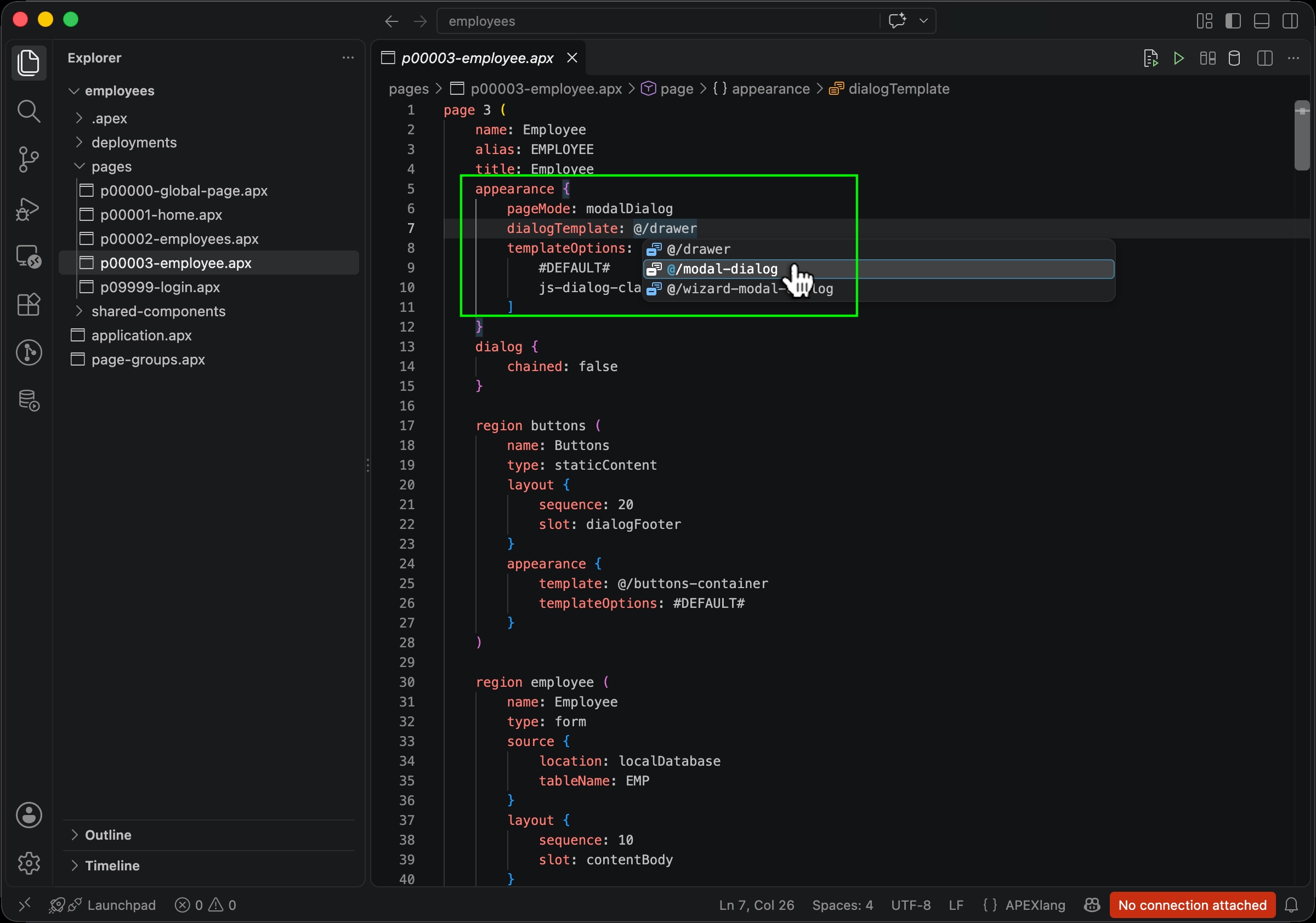 Using APEXlang Code Completion While Editing an .apx File