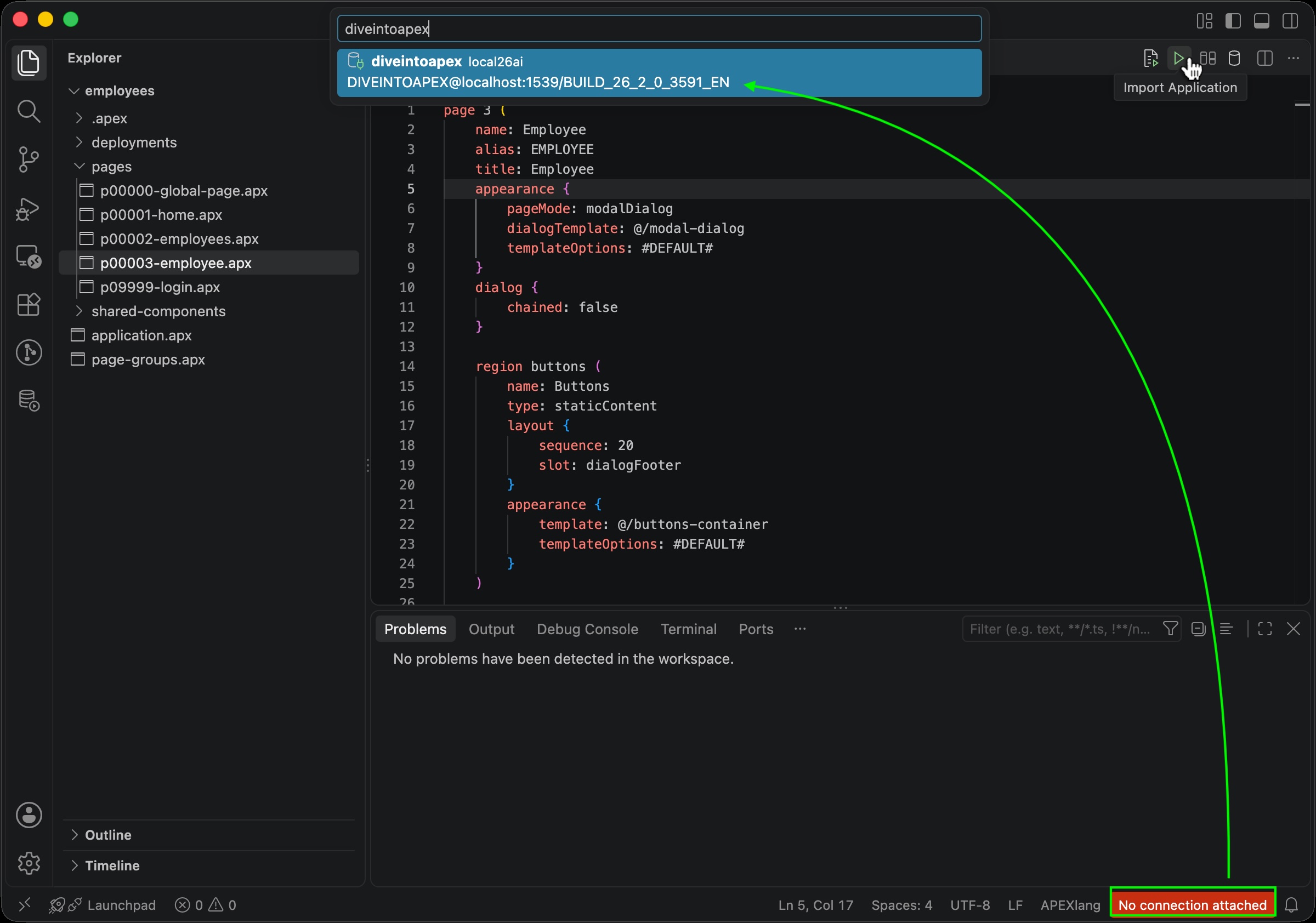 Clicking the “Play” Button to Import Your APEXlang Application to App Builder