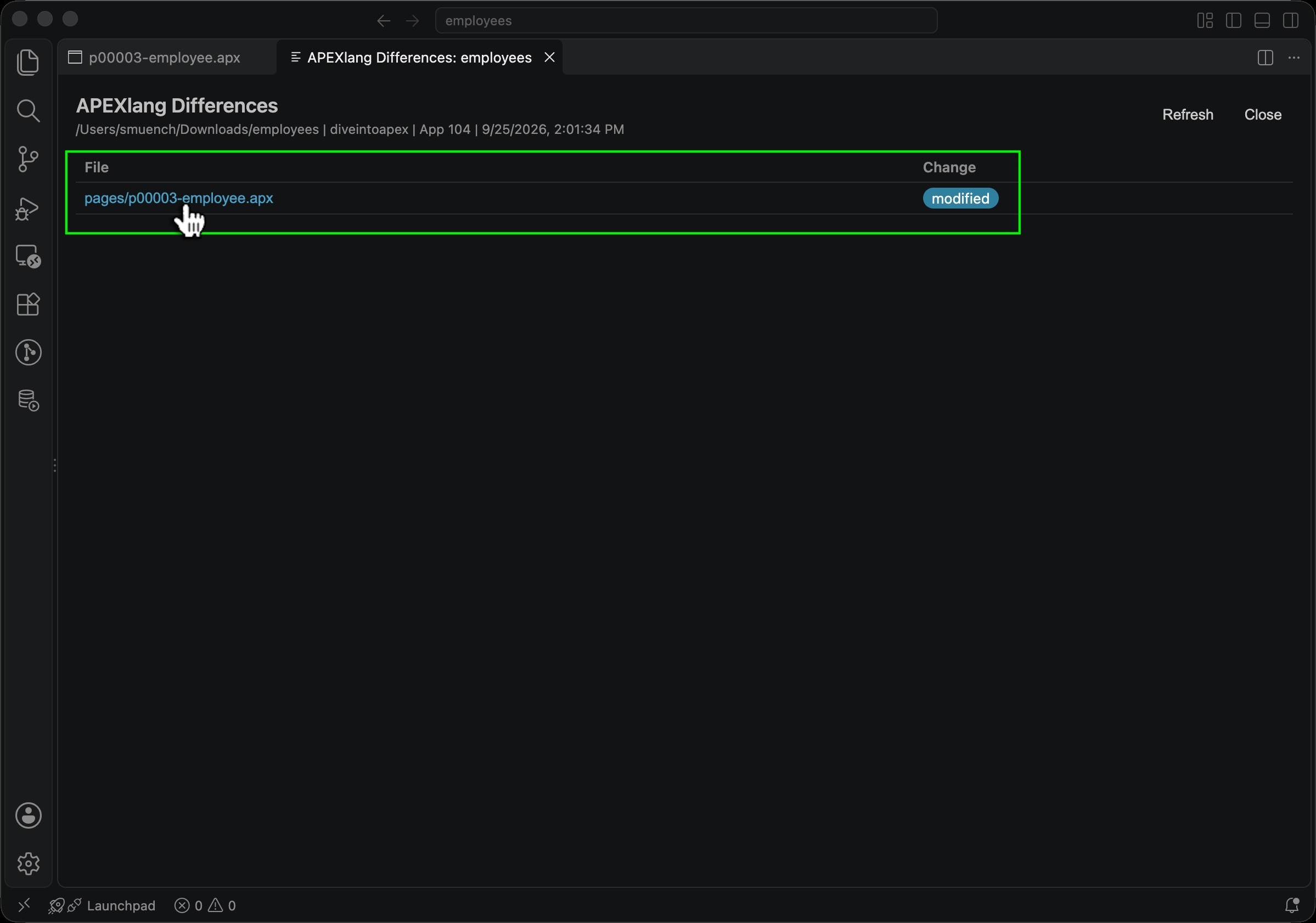 Viewing All Differences Between Local APEXlang Files and App Builder
