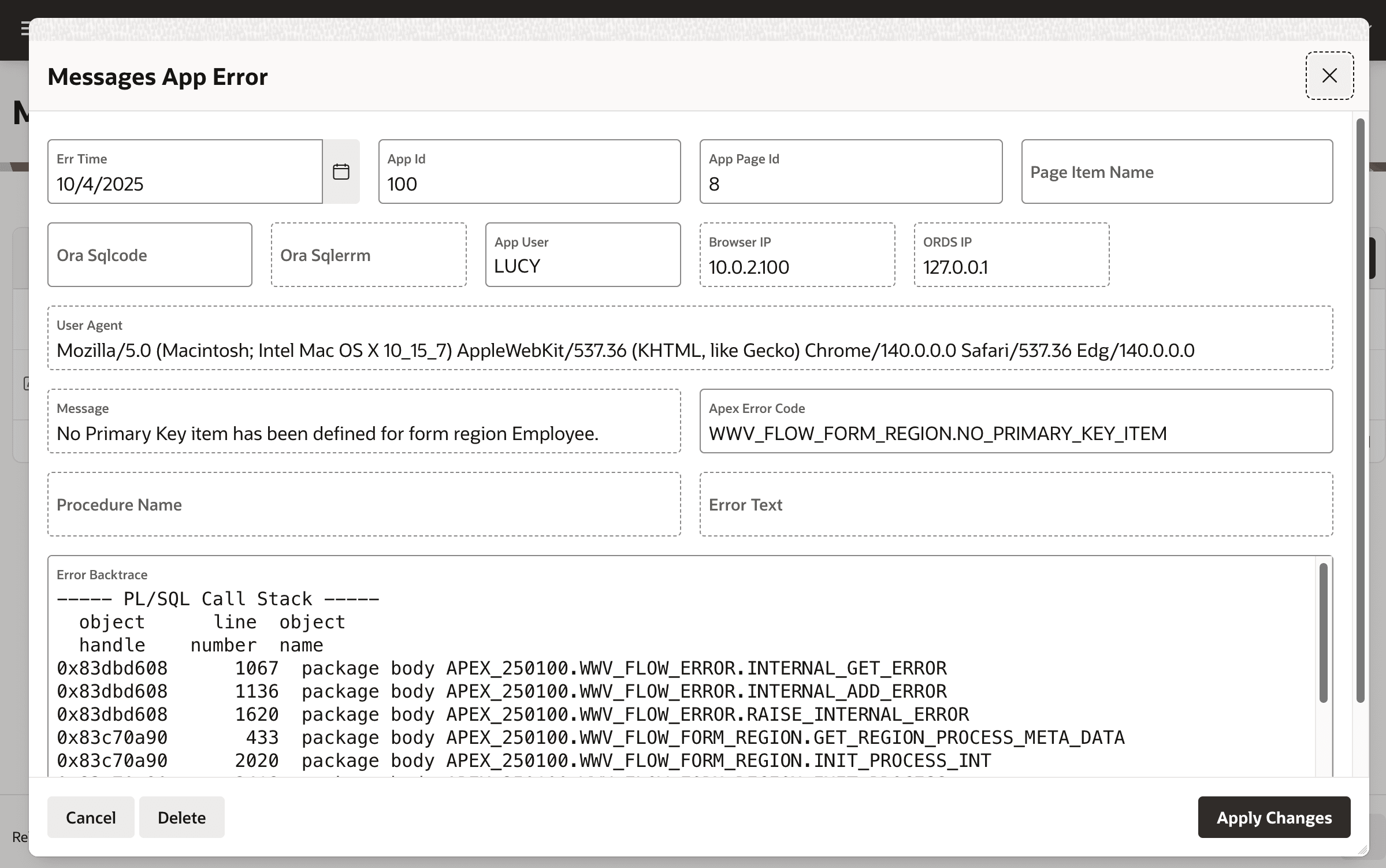 Viewing Logged Error Details for Uncommon Internal Error