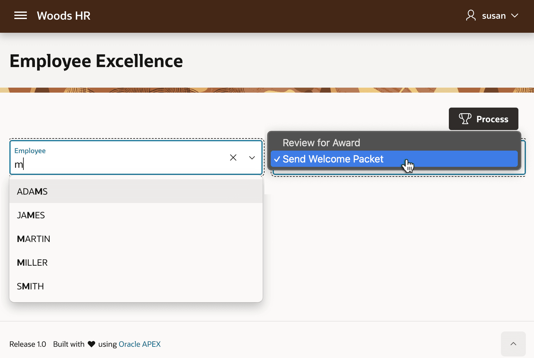 Woods HR App's Employee Excellent Page for HR Reps