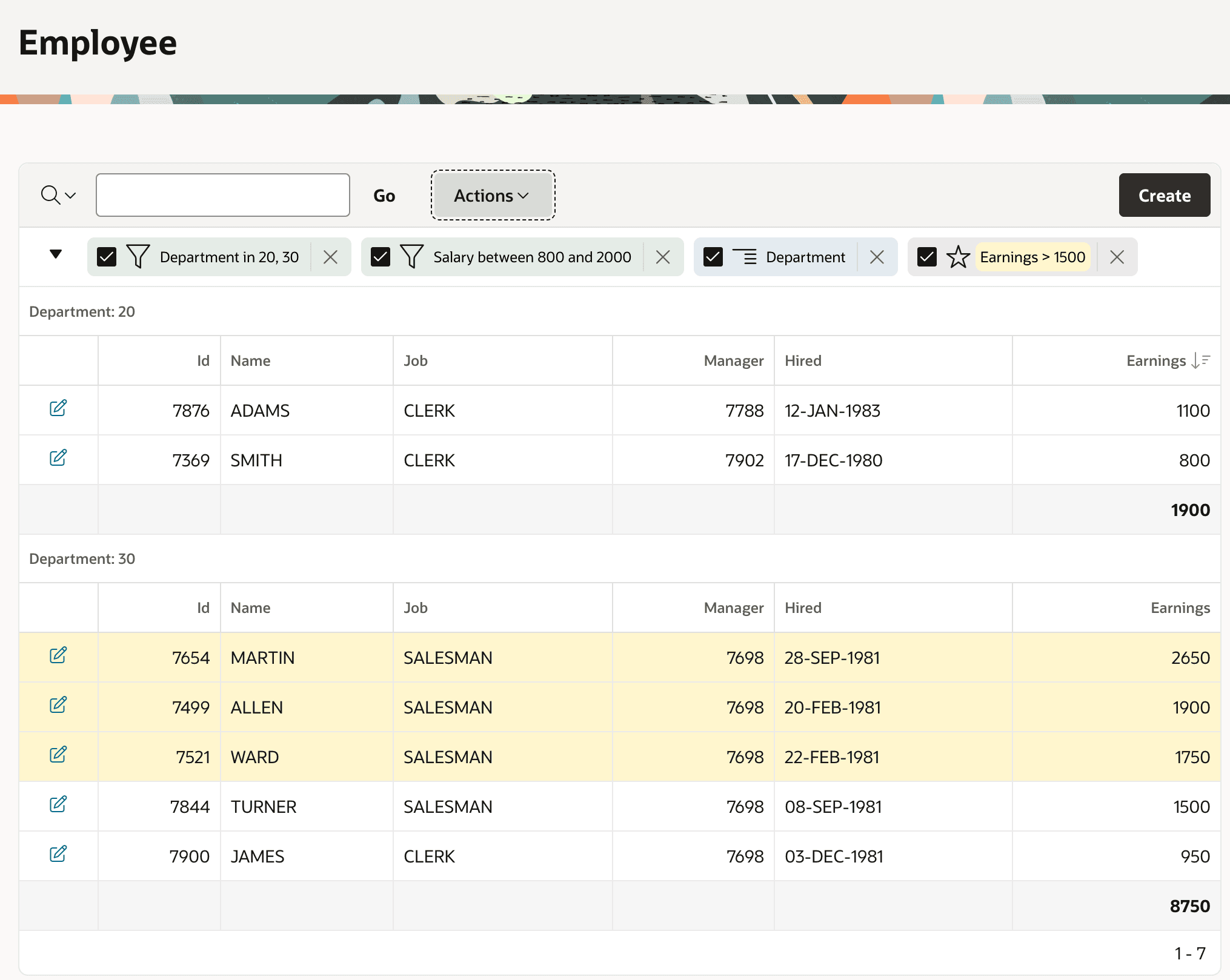 Filtered, Highlighted, Grouped Employees with Computed and Aggregate Fields