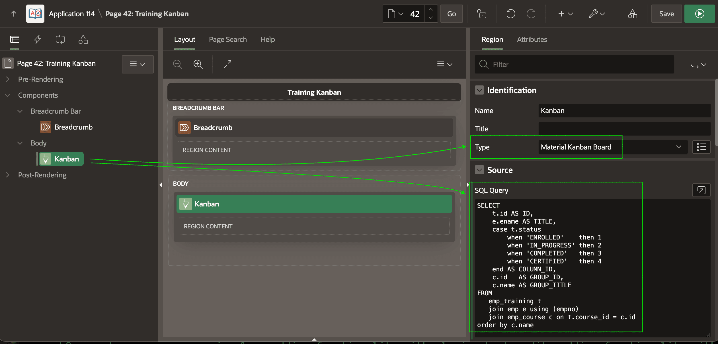 Configuring the Kanban Region's SQL Query