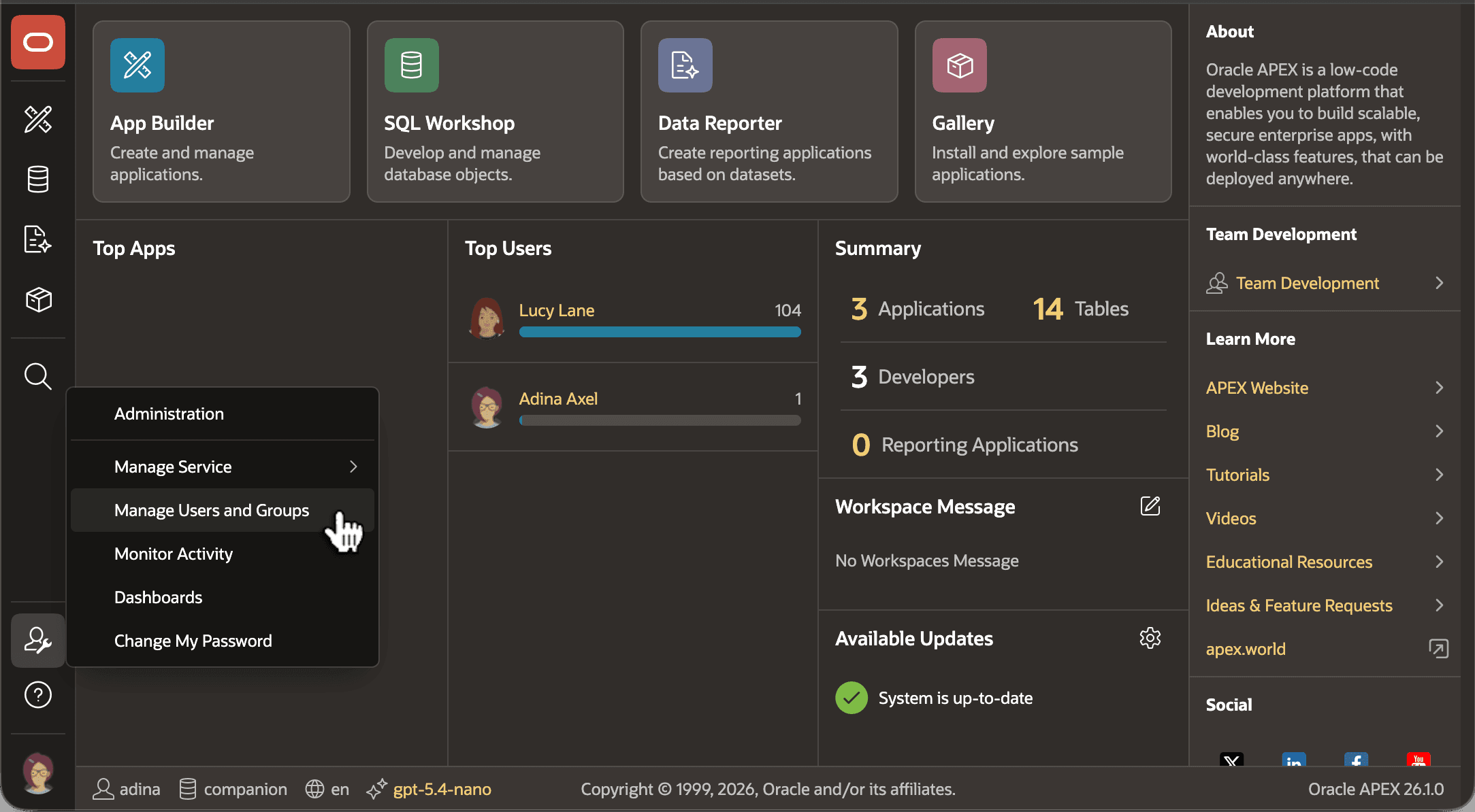Workspace Administrators Manage APEX User Accounts