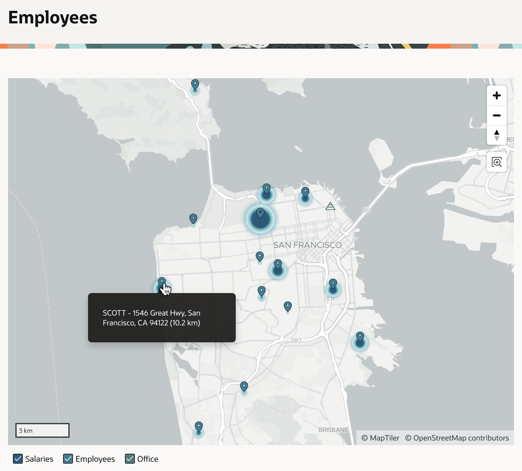 Showing the Office and Employees Distance Away