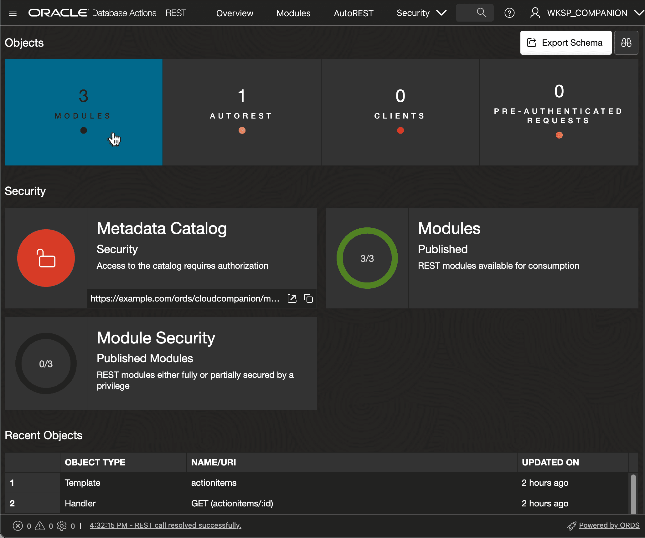Navigating to View and Define REST Modules in SQL Developer Web