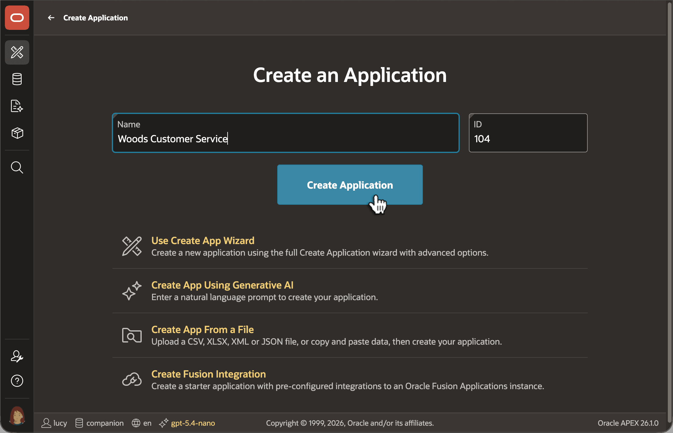 Create an App by Assigning a Name, or Use a Wizard for More Options