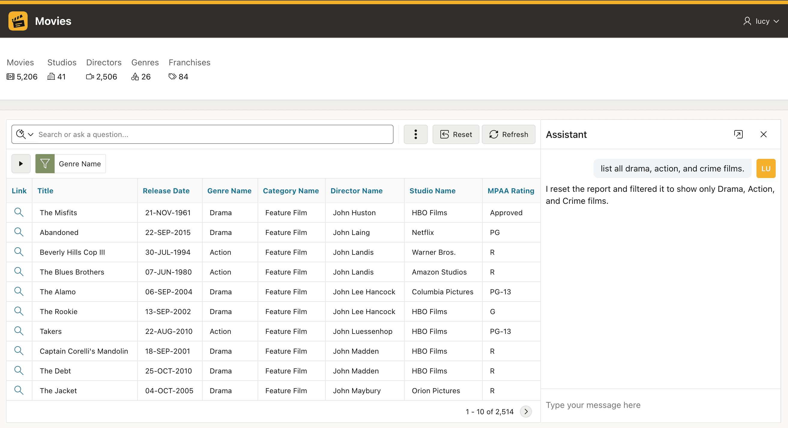 Applied Report Features Appear as Chips, and Assistant Button Opens Chat Area