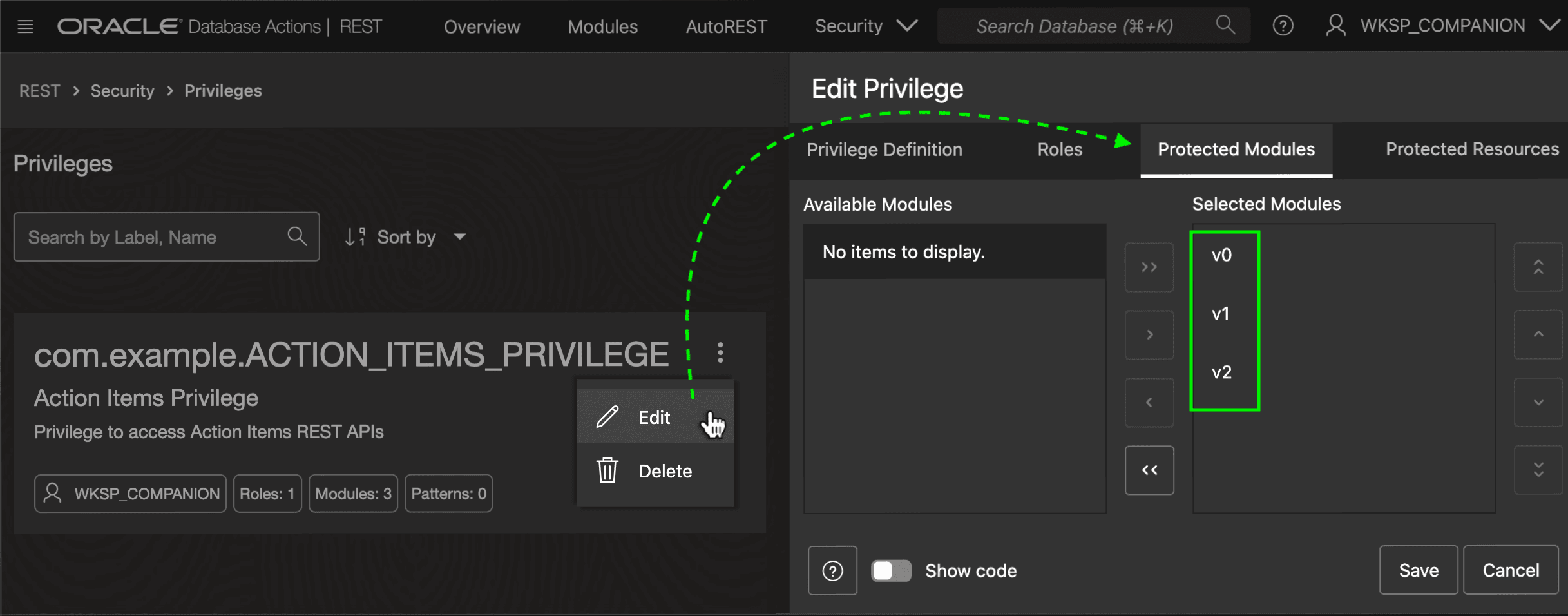 Defining a Privilege in SQL Developer Web REST Designer