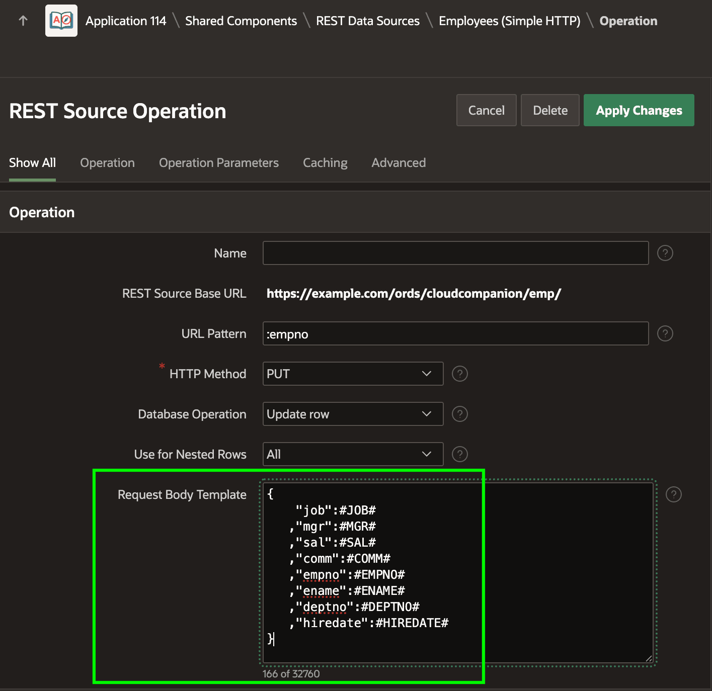 Request Body Template in the PUT / Update Row Operation