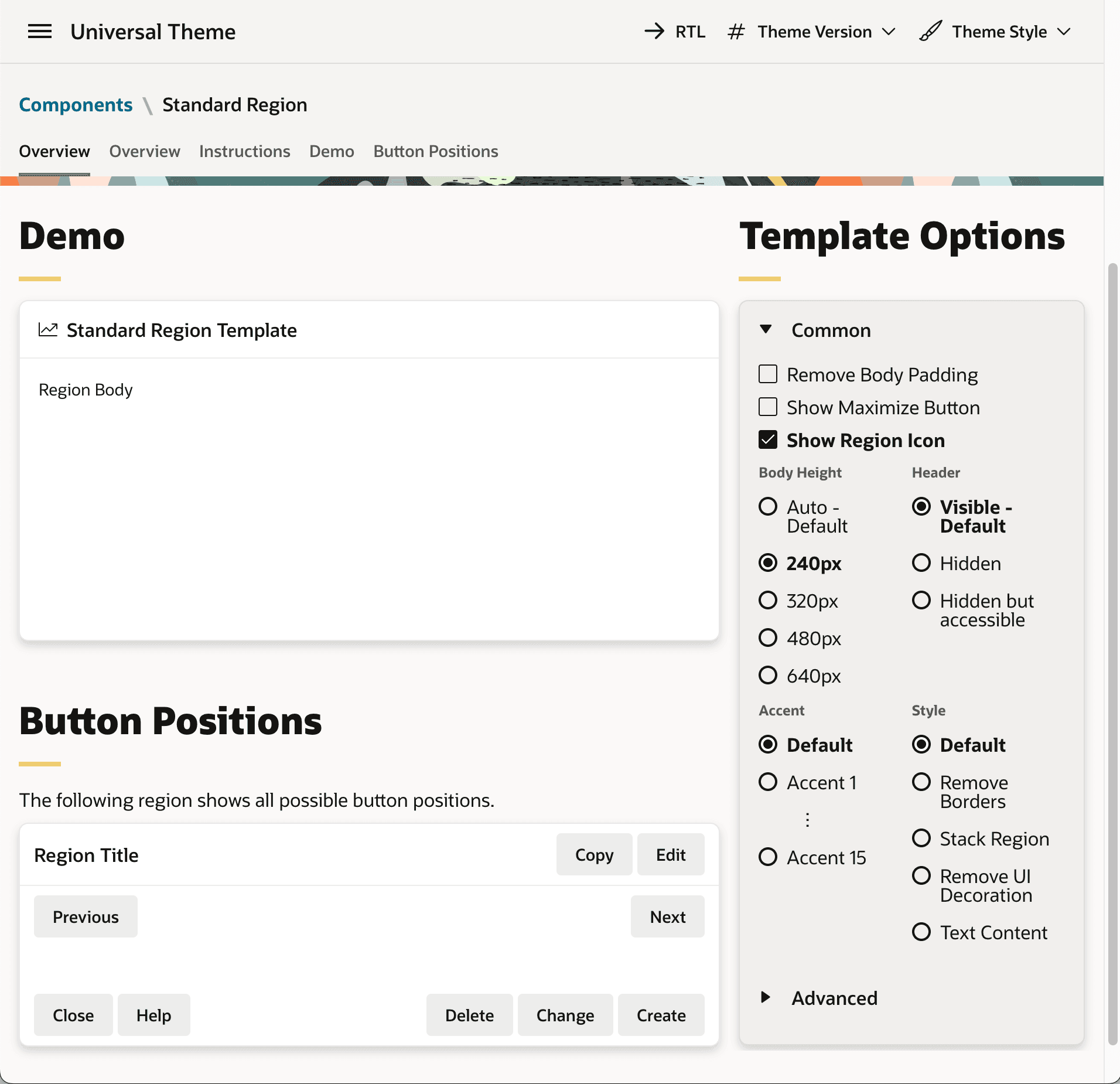 Standard Region Template Options in the Universal Theme Reference App