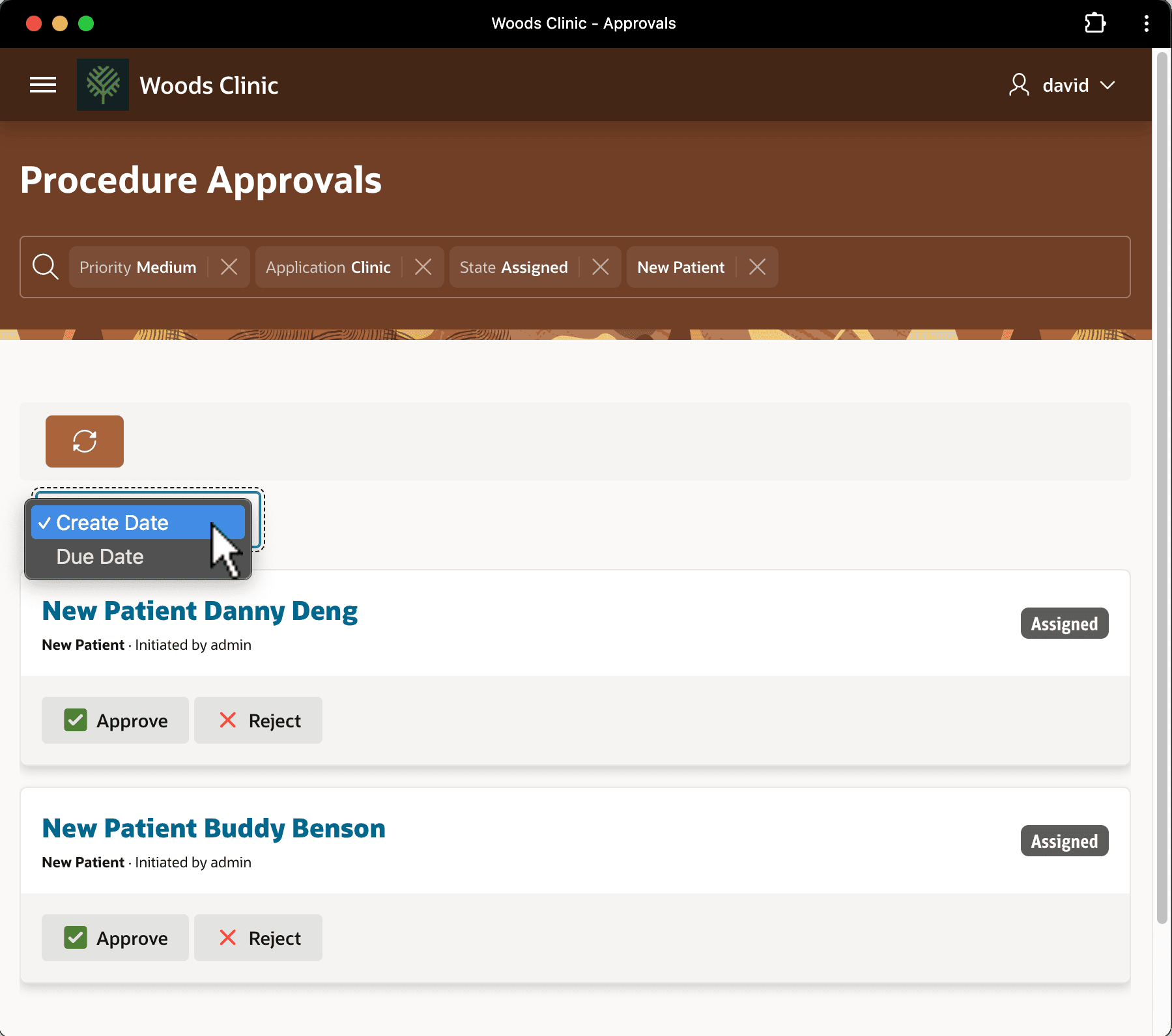 Unified Task List Showing Patient Onboarding Approval Tasks for DAVID