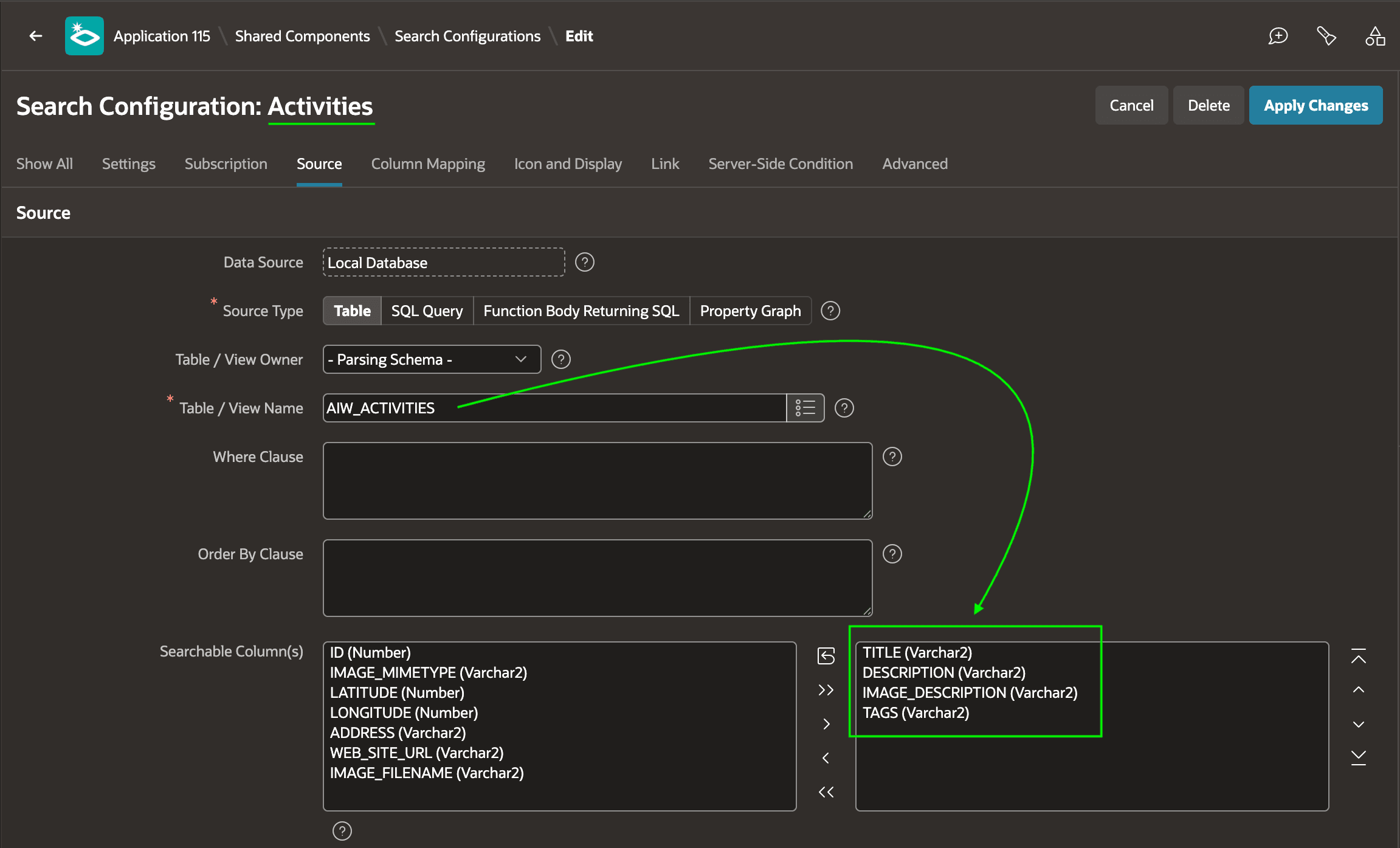 Activities Standard Search Configuration on Activities Table Columns