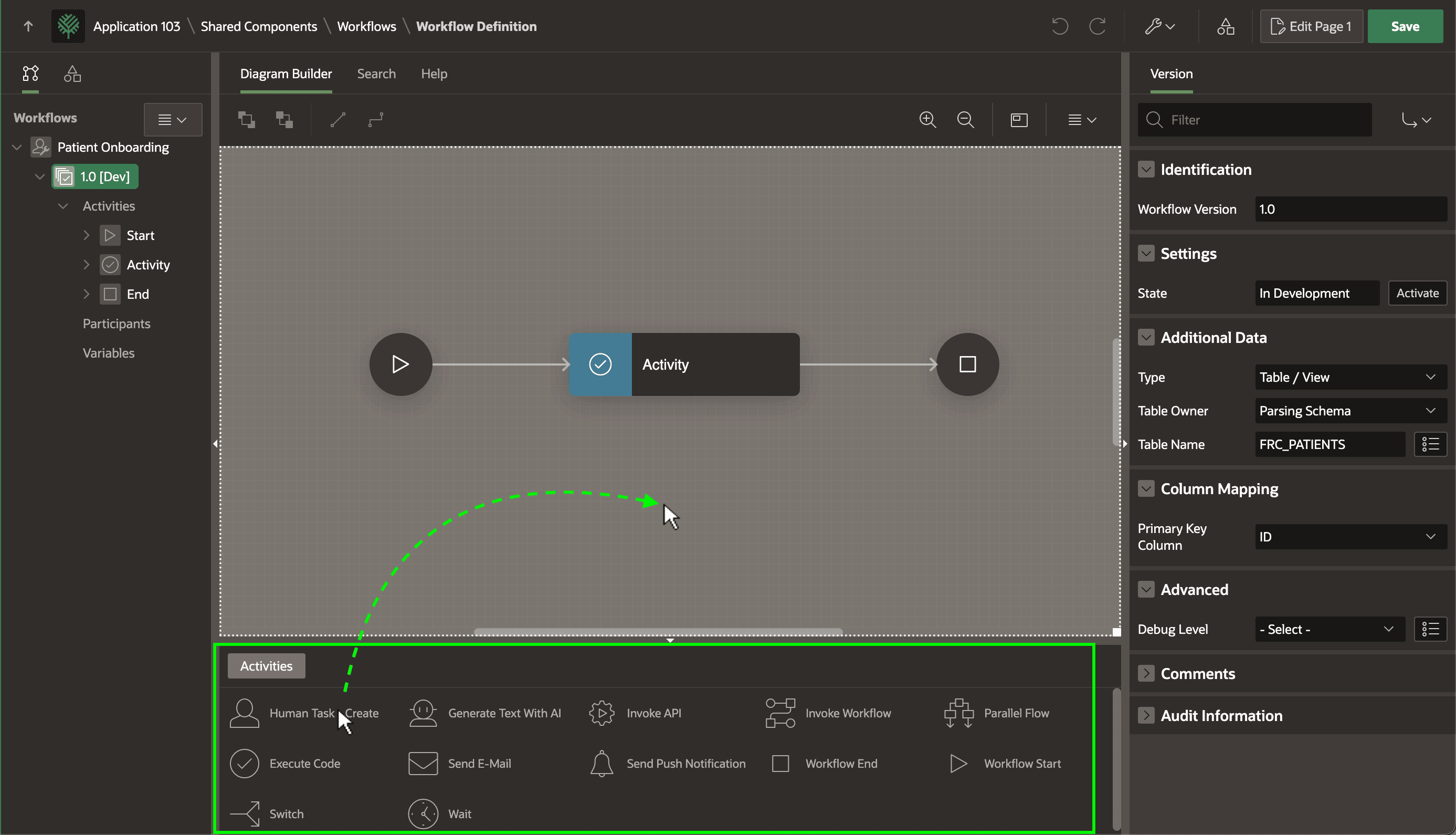 Activities Palette Shows Available Types You Can Drag onto Diagram
