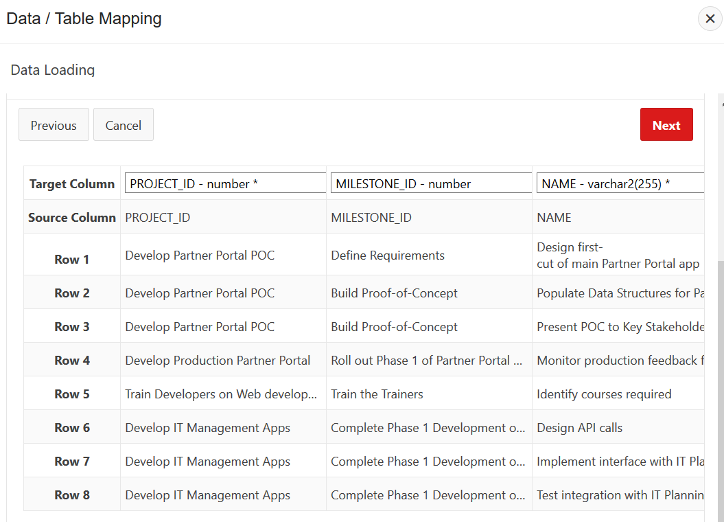 data table mapping