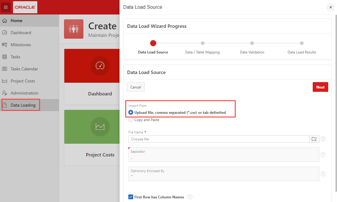 data loading with wizard