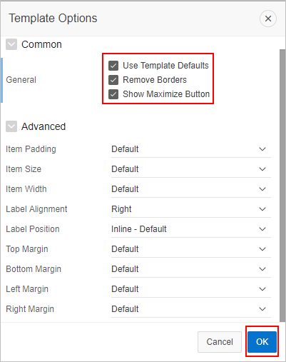 Template options dialog page