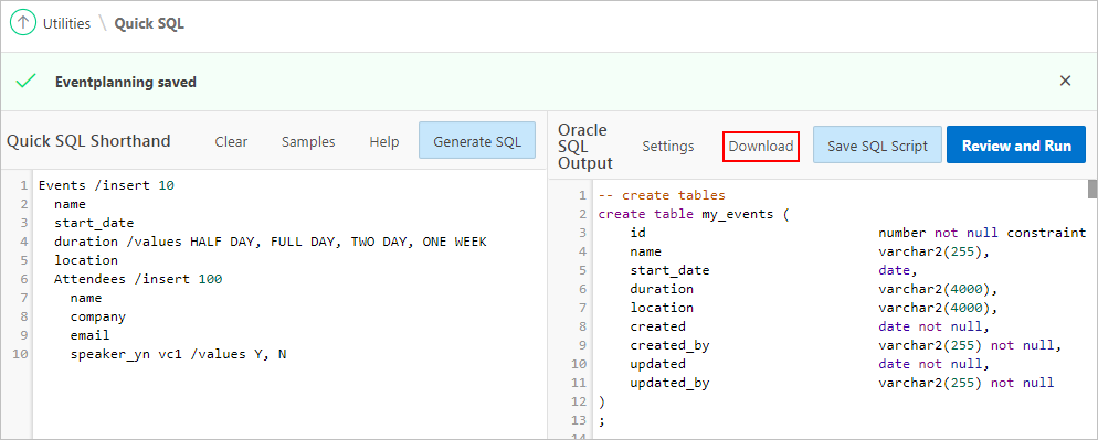 how to create a table in oracle apex sql