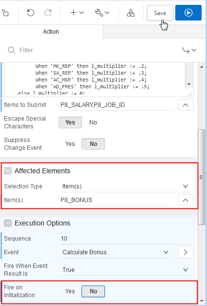 Affected Elements and Execution options