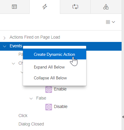 Create Dynamic Actions tab