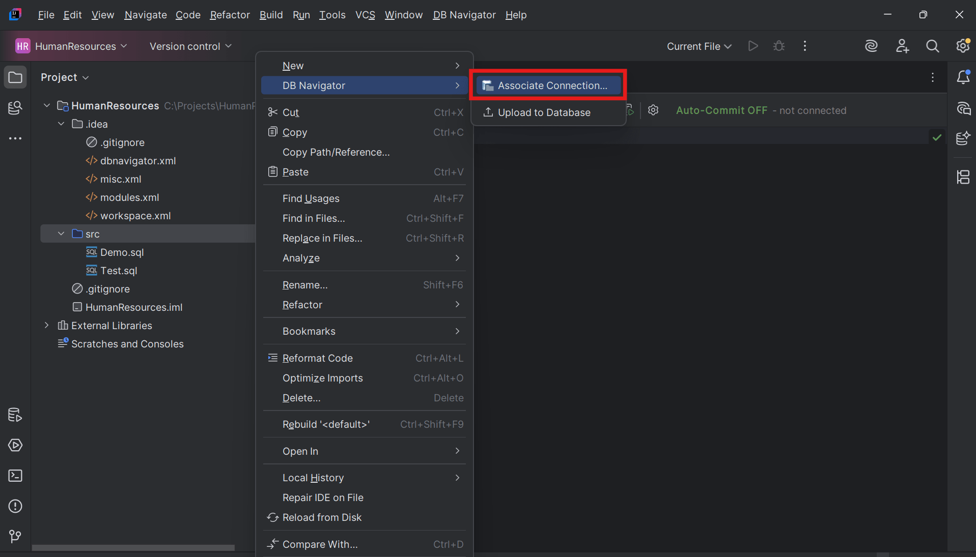 Associate database connection with project folder or file